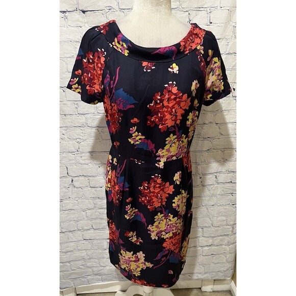 Boden Floral Sheath Silk Blend Roll Collar Dress Navy Size 8 - Picture 1 of 7